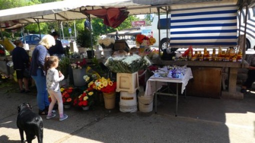 Groente en bloemenmarkt bij de brug naar het oude centrum.